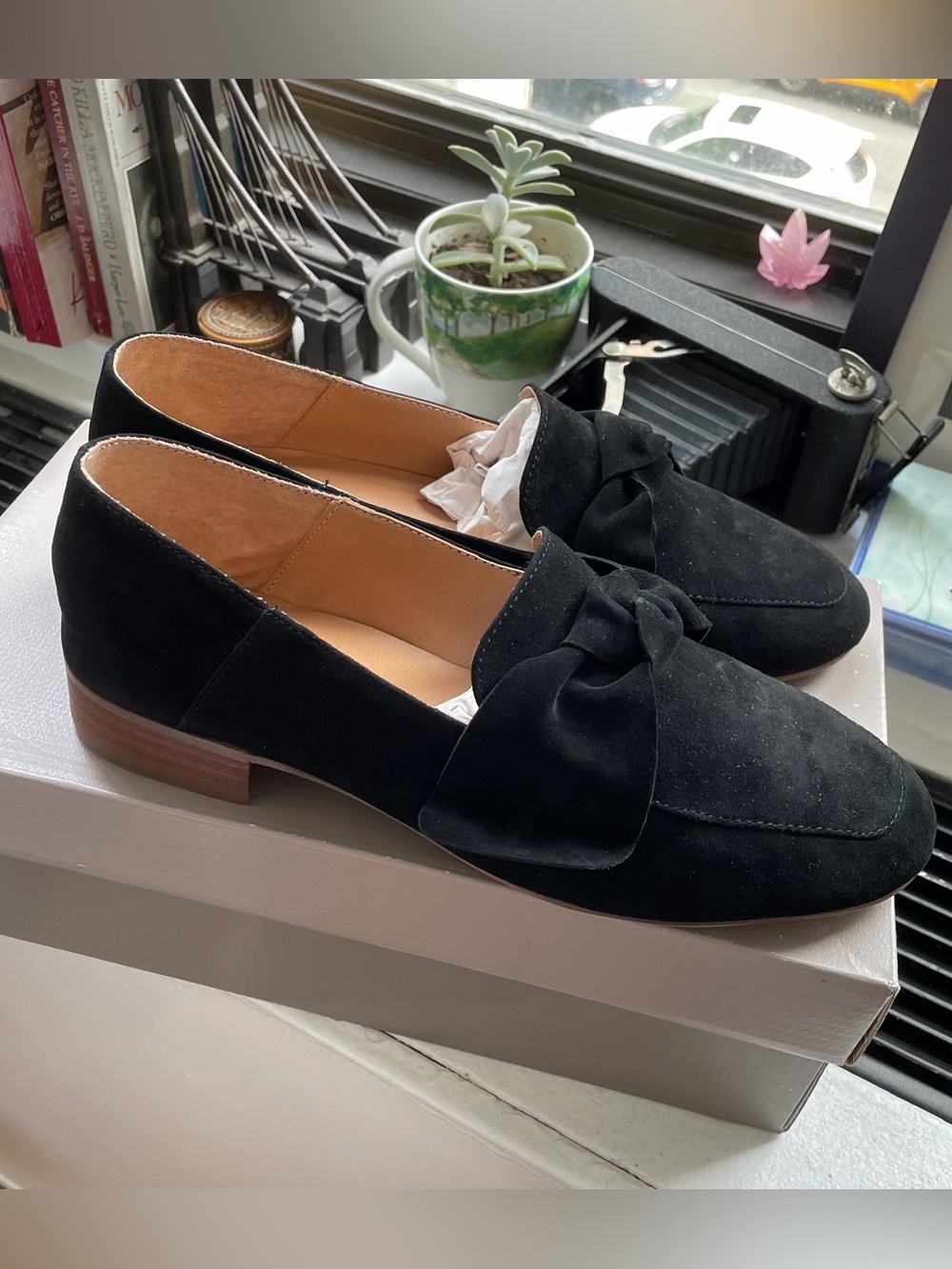 Franco Sarto Black Suede Bow Accent Loafers